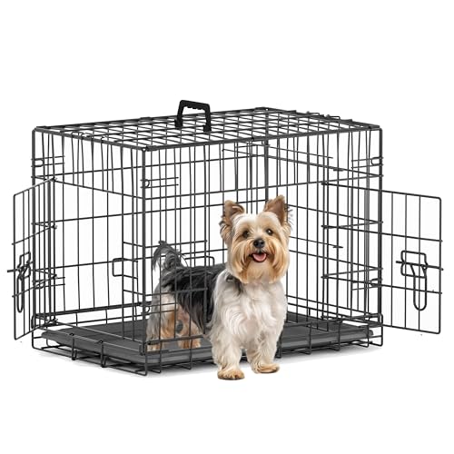 Piskyet 24 Inch Double Door Small Dog Crate with Divider Panel and Leak Proof Pan Tray Folding Metal Wire Pet Kennel for IndoorAntigue Color