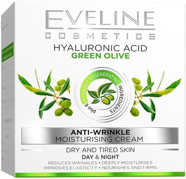 Eveline Cosmetics Kwas Hialuronowy & Zielona Oliwka Moisturizing Anti-Aging Day/Night Cream for Dry & Tired Skin - 6 Active Ingredients, Hyaluronic Acid, Olive Oil - 50ml