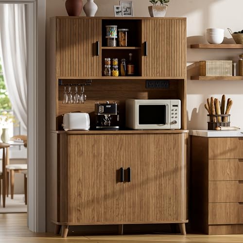 Image of Lulive 71" Tall Pantry Cabinet with Rolling & Sliding Doors, 39" Wide Kitchen Storage Cabinet with Charging Station and Open Countertop, Modern Kitchen Pantry Cabinet for Dining Room, Walnut
