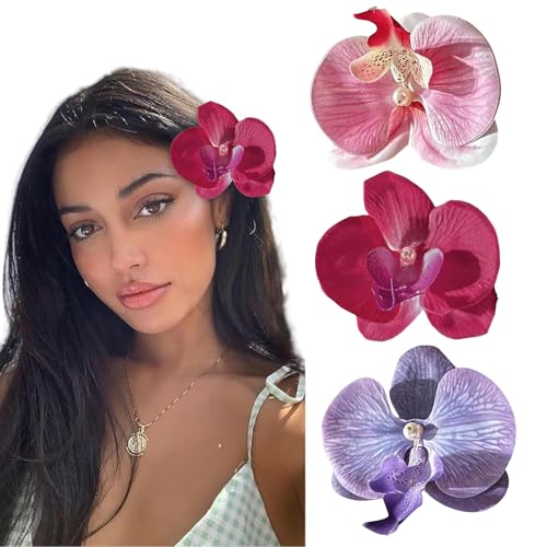 Ruzister Lot de 3 barrettes à cheveux en forme de fleur hawaïenne avec orchidée papillon - Pour vacances à la mer