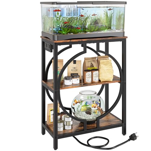 HavenlyYouth 10 Gallon Aquarium Stand with Power Outlet, 3 Tier Heavy Duty Metal Fish Tank Stand with Storage, Fish Tank Table for Home Office, 21.3" x 11.8" x 29", Rustic Brown