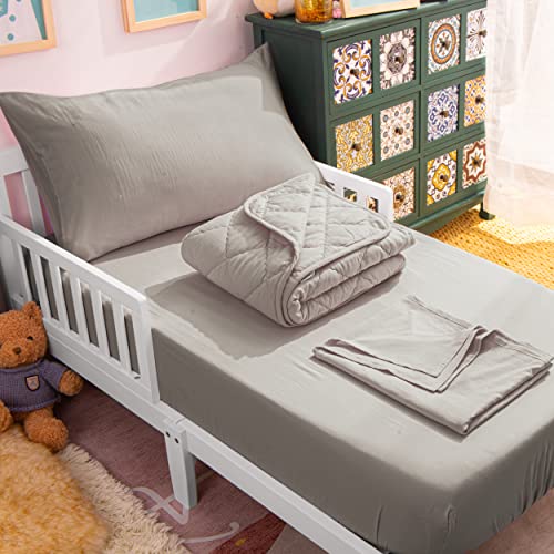 Image of NTBAY Toddler Bedding Set - 4 Piece Soft and Breathable Crib Bedding Set for Boys and Girls, Includes Quilted Comforter, Fitted Sheet, Flat Top Sheet and Envelope Pillowcase, Smoke Grey