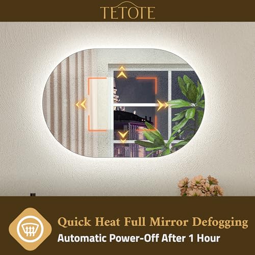 TETOTE 40 x 36 Inch Oval LED Mirror Backlit Mirror Bathroom Pill-Shaped 3 Colors Warm/White/Natraul Lighted Vanity Mirror with Lights Pill Type Anti-Fog Dimmable Wall Mounted Vertically & Horizontally by TETOTE - Image 4