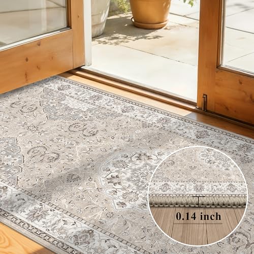 Hallway Washable Runner Rug - 2x10 Kitchen Rugs Entryway Rug Runner Vintage Soft Floor Mat Non Slip Indoor Farmhouse Carpet for Bathroom Living Room Bedroom (2 X 10, Beige)