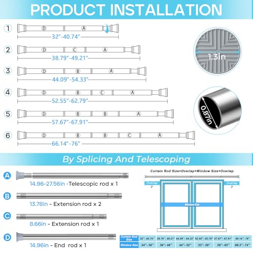 Image of Spring Tension Curtain Rod 32-76 inch, Adjustable Expandable Tension Curtain Rod No Drilling, Tension rods for Window Doorway Kitchen Curtain, Silver