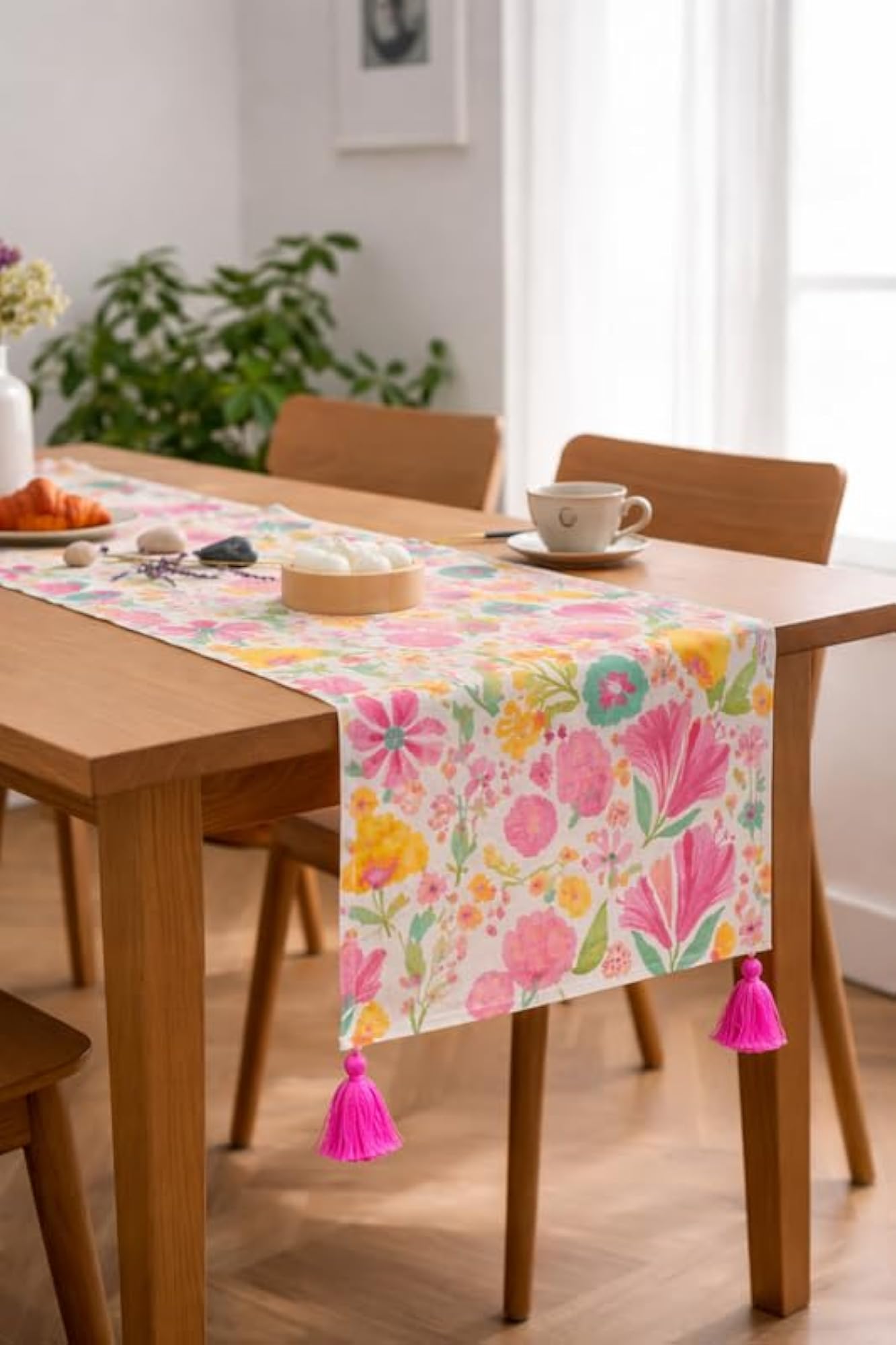 Pink Floral Corner Tassel Table Runner, 14x48 Inches