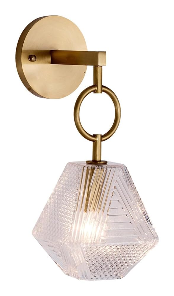 HUAYUSEDF Nordic All-Copper Wall Lamp with Clear Glass, Mount Light, Bedside Sconce Lighting, E14 Base Brass Color Postmodern Crystal