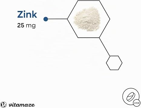 Zinc tablets highly dosed 25 mg per daily dose 50 mg per vegan tablet for 12 months Natural food supplement without additives Made in Germany.