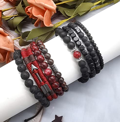 Firazio 8-9 Pcs Braided Leather Bracelet For Men Women Tiger Eye Lava Rock Beads Bracelet Wrap Cuff Bracelets Hemp Cords Wood Beads Ethnic Tribal Wristband Adjustable #TOP4