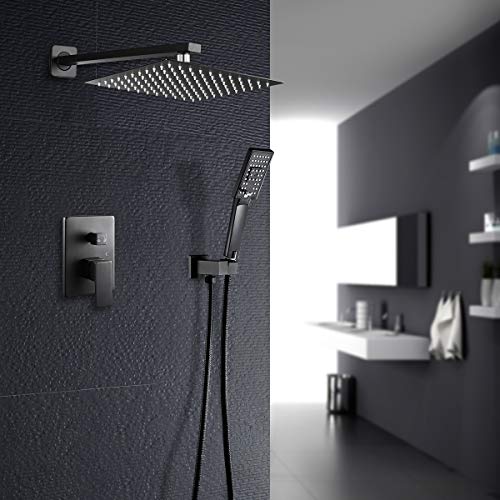 Rovate Shower Faucets Sets Complete Matte Black, 10 Inch Bathroom Rain Mixer Shower Combo Set, Shower Head System With Handheld, Shower Faucet Rough-In Valve Body And Trim Included #TOP7