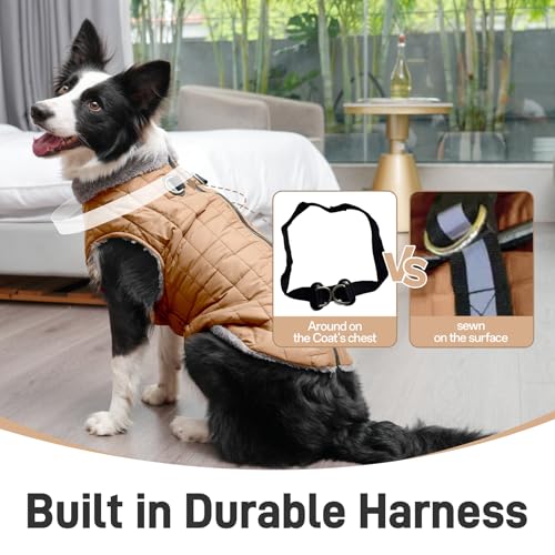 JoyDaog Warmer Fleece-Hundemantel mit strapazierfähigem Geschirr und D-Ring, wasserdichte Welpenjacke für kleine Hunde, Hundeweste für den kalten Winter, brüniertes Khaki, Größe M