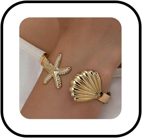 PINK TOWN Gold Starfish Shell Cuff Bracelets for Women Chunky Ocean Beach Cuff Bracelet Open Adjustable Bohemian Style Starfish Shell Bracelet Vintage Simple Hawaiian Coastal Summer Holiday Jewelry