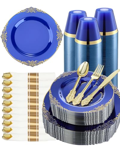 Goodluck 350 Piece Clear Blue Plastic Dinnerware Set for 50 Guests