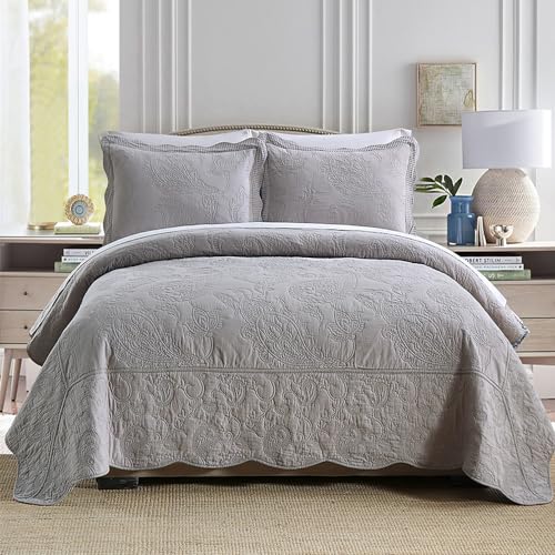 Wistown Cotton Bedspread Quilt Sets, Real Patchwork Bedding Sets with Luxury Floral Paisley Pattern, 3 Pieces Reversible Soft Lightweight Coverlet for All Season, Grey, Queen Size