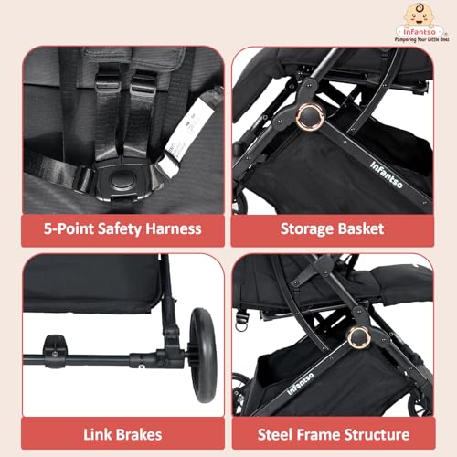 Image of Infantso RIDE-X Premium Baby Stroller / Pram Auto Fold with 5 Points Safety Harness, Multi Level seat Recline & Spacious Cushioned seat, One-Hand Fold and 360 Rotating Wheels, Travel Friendly, Extendable Canopy, Adjustable Footrest, Shock Absorption Wheels, Lightweight Stroller for 0 to 3 Years (Black)
