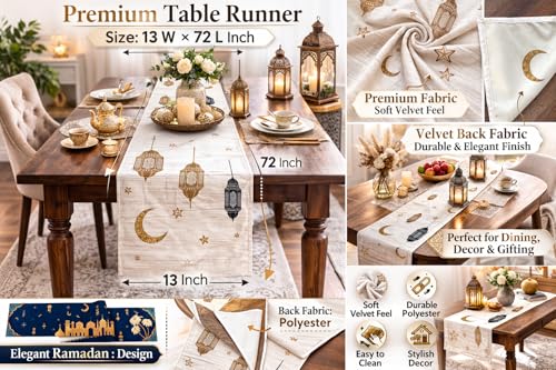 Image of Aazeem Ramadan Mubarak Table Runner for Dining Table 6 Seater | Mosque Lantern Islamic Design Table Cover | Festive Home Decor