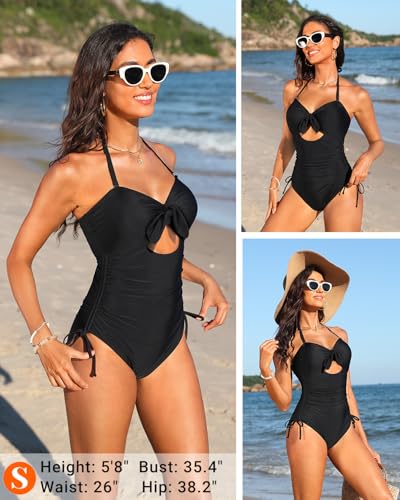 Image of Tempt Me Women Sexy Cutout One Piece Swimsuits Tummy Control High Waisted Halter Front Tie Knot Bathing Suit
