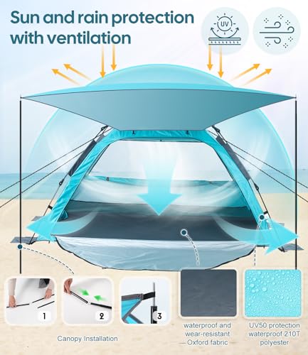 Dewur Strandmuschel 2-4 Personen Pop Up Strandzelt mit Sonnensegel UPF 50+ UV Sonnenschutz Wasserdicht für Familien Strand Camping Garten, Blau – Bild 4
