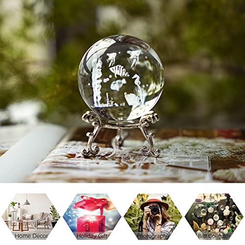 Hdcrystalgifts 3D Crystal Ball 2.4 Inch (60Mm) Carving Sea World Decorative Ball With Silver-Plated Flowering Stand Glass Sphere Home Decoration #TOP7