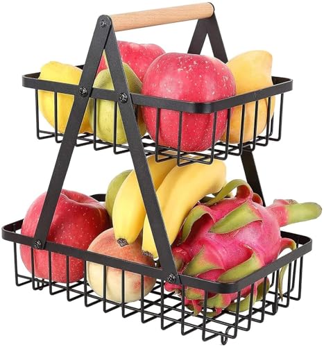 2 Tier Fruit Basket Black Metal Fruit Basket Bowl Holder with Wooden Handle Countertop Fruit Storage for Home Kitchen Office