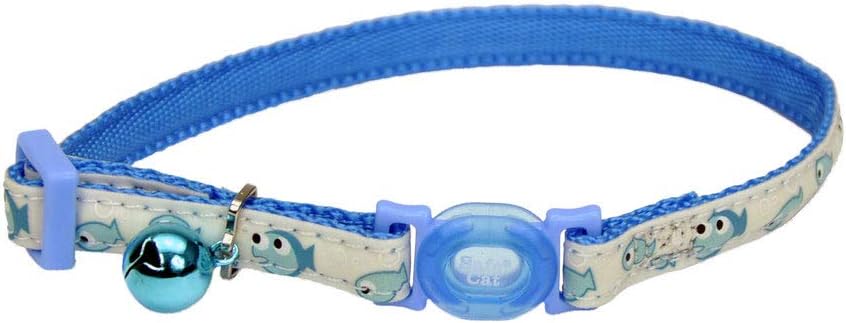 Coastal - Safe Cat Glow in The Dark Adjustable Breakaway Collar - Glowing Blue Fish Print - 3/8” x 8"-12”