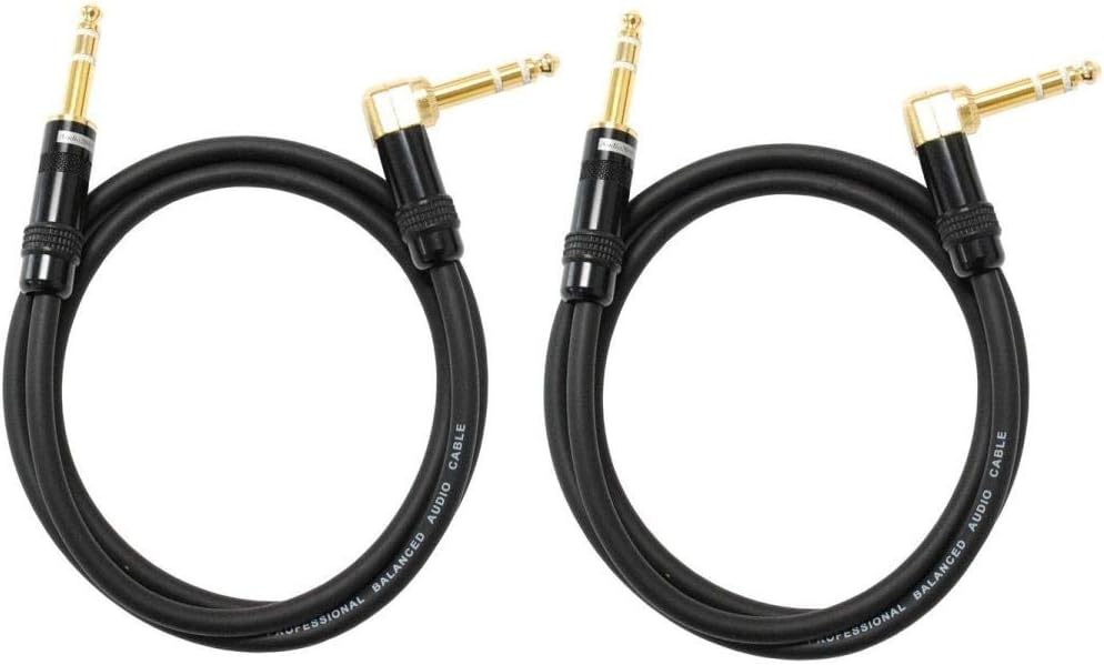 Audio2000's C26006P2 Microphone Cable (2-Pack), Copper Shield Balanced Cable, 1/4" TRS Right Angle to TRS Connector, 6 Feet Length, Gold Platted Connector, Flexible Ultra Soft Rubber Jacket