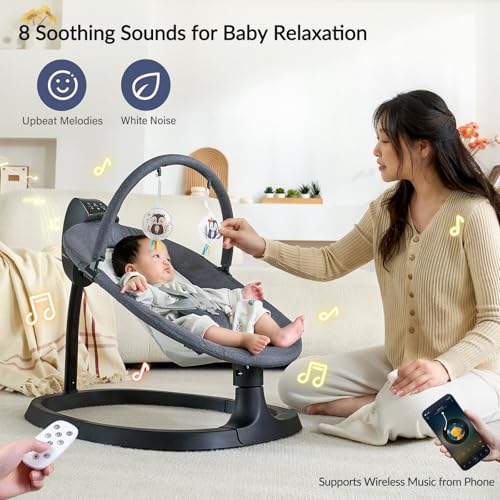 Image of VaVaSoo 2-in-1 Electric Baby Swing, Dual-Arm Support for Enhanced Stability,3 Swing Motions & 8 Soothing Sounds, Toddler Seat up to 66 lbs, Infant Swing with Remote,AC Adapter, Dark Grey