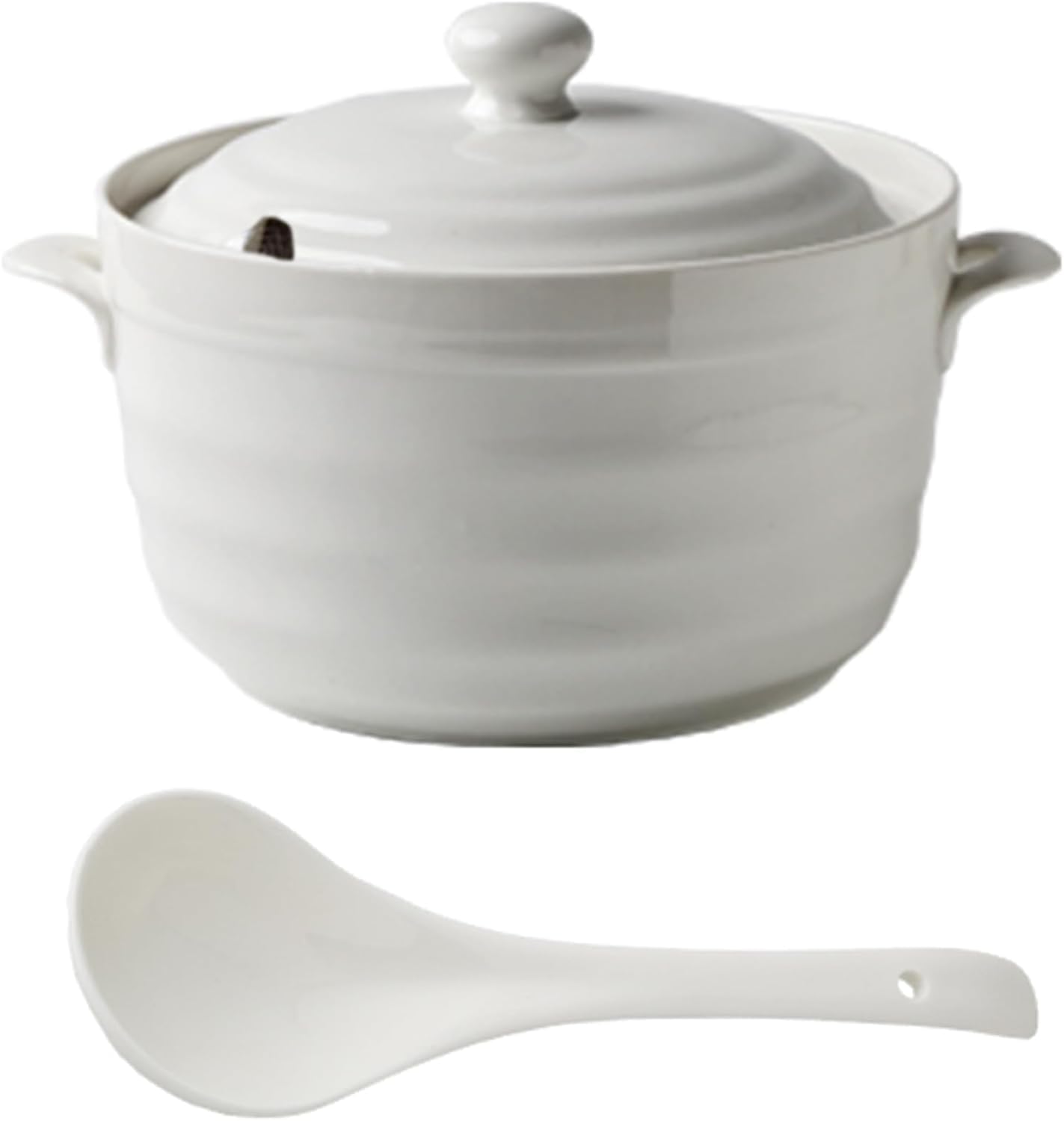 White Soup Tureen with Lid, Ceramic Double Handle Soup Serving Bowl with Ladle White Porcelain Round Tureen Bowls for Restaurant Home Kitchen DecorationWhite,2.2L