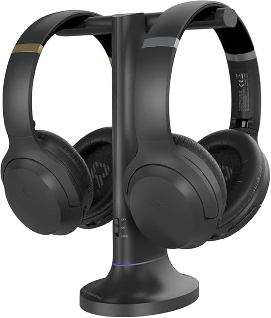 Avantree Duet - Dual Wireless Headphones for TV Watching with Transmitter/Charging Stand 2-in-1, Clear Dialogue Mode & Volume Boost for Seniors, Scalable to 100 Headphones - Black