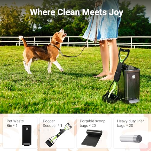 Image of Dog Poop Trash Can Outside with Poop Scooper for Dogs, 12L /3.2Gal Metal Outdoor Garbage Can with Lid Suitable for Small, Medium and Large Dogs (Tungsten Steel)