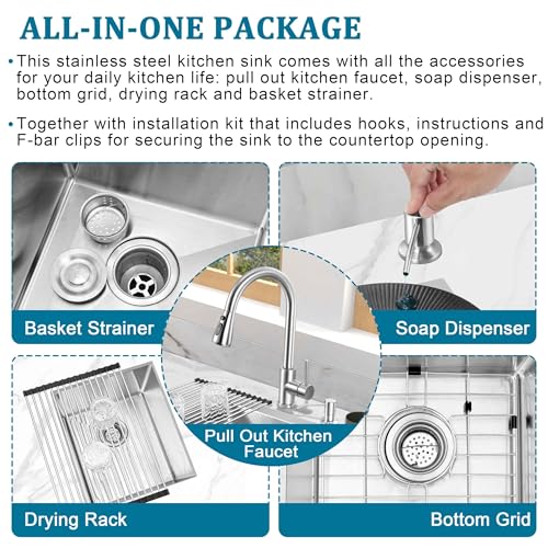 Herogo 15×17 Inch Undermount Kitchen Sink with Faucet Combo, Small Stainless Steel Deep Single Bowl Utility Sink for Rv Bar Outdoor Farmhouse Laundry Room with Brushed Nickel Kitchen Faucet - Thumbnail 3