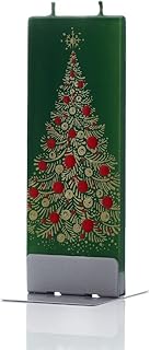 FLATYZ Handmade Christmas Candle - Gold Tree on Green | Unscented, Drip-Resistant & Smoke-Free 2 Wick Candle for Home & Room Decor | Hand Painted, Flat Decorative Candles | Steel Stand Included