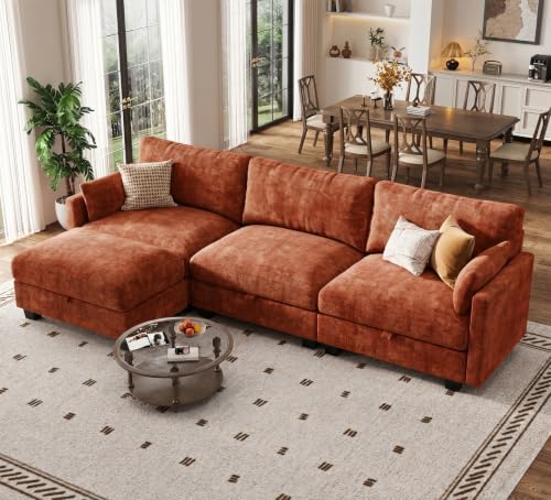 Image of Modular Sectional Sofa, 101 inch L Shaped Couch with Storage | High Resilience Foam, 22 inch Seat Depth, Movable Ottoman, Comfy Chenille, Easy Assembly, Orange