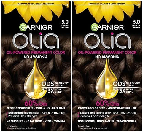 Garnier Hair Color Olia Ammonia-Free Brilliant Color Oil-Rich Permanent Hair Dye, 5.0 Medium Brown, 2 Count (Packaging May Vary)