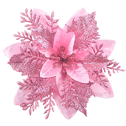 Image of GL-Turelfies 12 Pcs Glitter Christmas Flowers(15cm/5.9’’) with 12 Pcs Clips Artificial Poinsettia Flowers Christmas Tree Flower Decorations Xmas Tree Ornaments (Pink)