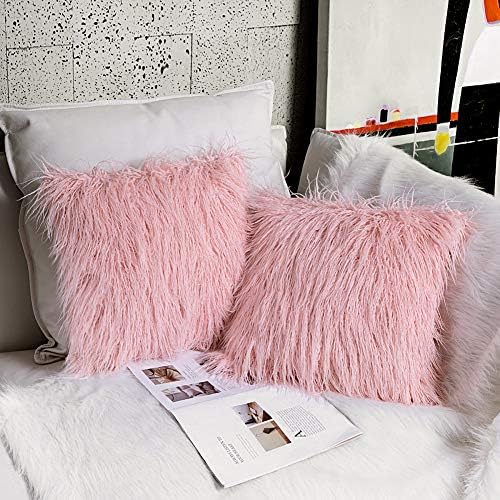 OJIA Pack of 2 Decorative Faux Fur Throw Pillow Cover Accent Soft Plush Boho Mongolian Cushion Case for Bedroom Livingroom Sofa Couch(24 x 24 Inch, Pink)