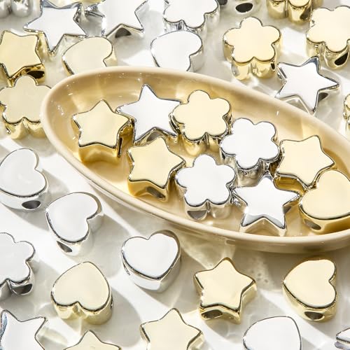 BERMRO 78pcs Large Star/Heart/Flower Beads Big Chunky Letter Bead A-Z Acrylic Alphabet Bubble Beads for Paracord Bead Bag Charm Keychains Crafts Education Leaning (Golden&Silver)