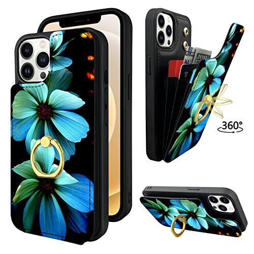 TopPerfekt for iPhone 12 and 12 Pro Wallet Case with Card Holder, 360° Rotation Finger Ring Holder Kickstand Protective RFID Blocking PU Leather Pattern Double Buttons Flip Cover 6.1