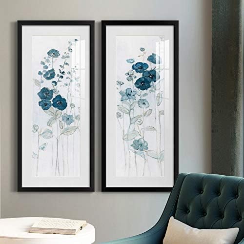 Renditions Gallery Canvas Flower Wall Art Decorations Paintings & Prints Vintage Blue Floral Modern Decor Canvas Frame Art for Bedroom Dining Room Living Room Office Home Kitchen Wall Decor - 12"x28"