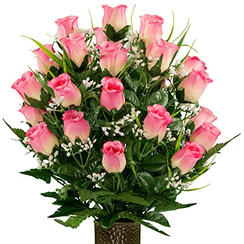 Sympathy Silks Artificial Cemetery Flowers - Realistic - Outdoor Grave Decorations - Pink Rose With Lily Grass #TOP5