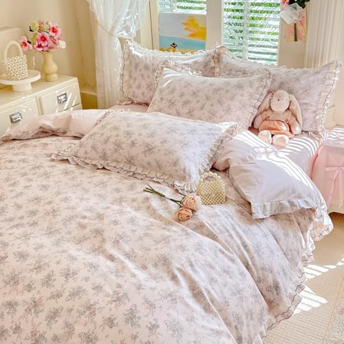 Image of VM VOUGEMARKET Garden Rose Flower Duvet Cover Set Queen Romantic Lace Ruffled Bedding Set Soft Muslin Cotton Bedding,Breathable Linen Like Gauze Comforter Cover with Zipper Closure 90 inchx90 inch