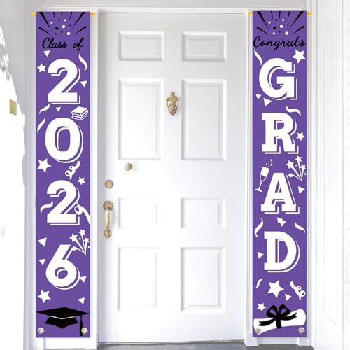 Image of Graduation Porch Banner Class Sign Congrats Grad Hanging Flags High School College University Party Decoration For Front Door Outdoor Purple White