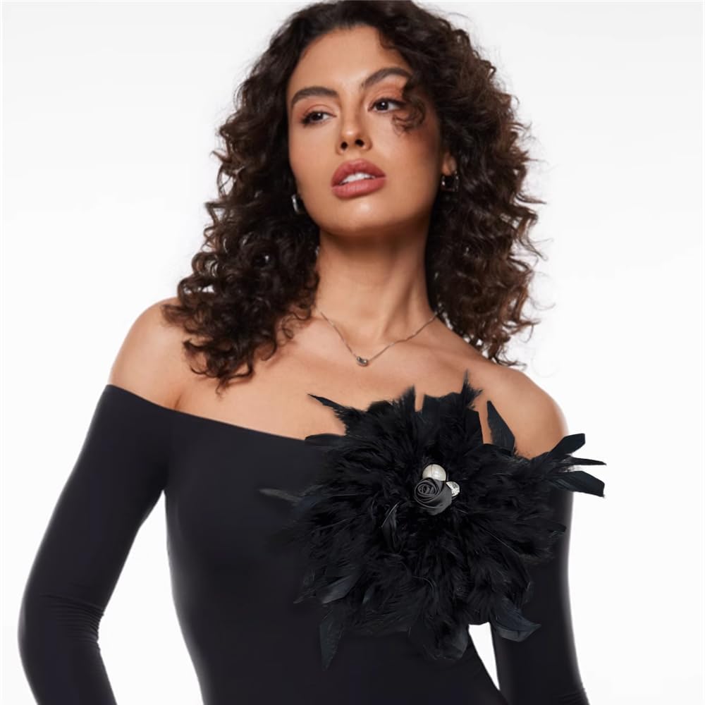 Dainty Lady Feather Flower Wedding Brooch Pin for Women Girls Elegant Rhinestone Shell Pearl Fascinator Hair Clip Hatpin Corsage Lapel Pins Bridal Cocktail Party Costume Accessories 23cm - Image 2