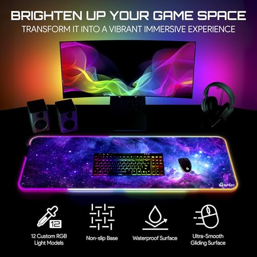 Image of Gerlos RGB Gaming Mouse Pad, Large LED Desk Mat, 31.5 x 11.8 Inch | 12 light modes, non-slip base, water-resistant surface, stitched edges