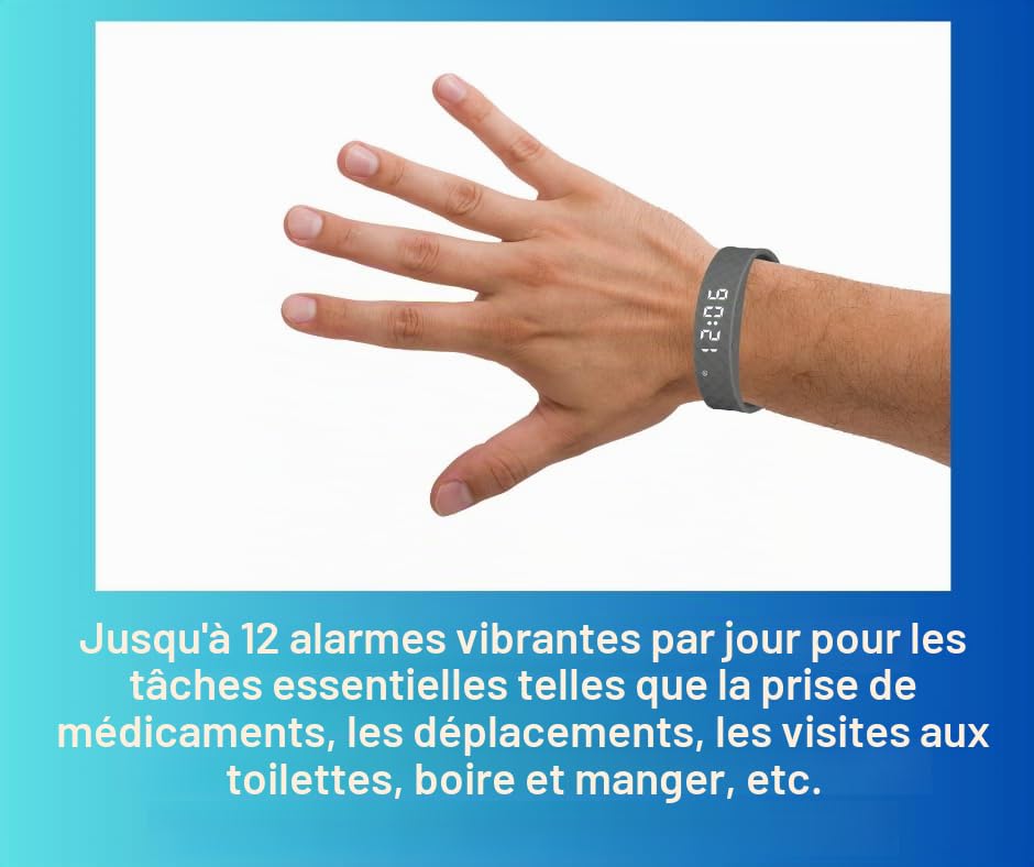 Montre vibrante à Pivotell grise avec rappel de pilule - Jusqu'à 12 alarmes quotidiennes - Rechargeable (chargeur USB inclus)