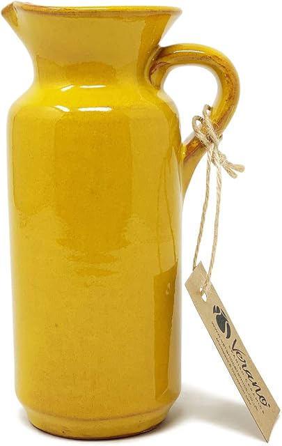 Verano Spanish Ceramics Selena Glaze Hand Dipped Decorative Tall Rustic Bottle Jug - New Home Decor Kitchen Restaurant Cafe Dining Table Vase Serving Cream Milk Water Juice Pourer - 18cm Yellow