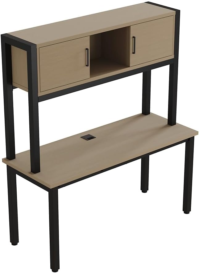 NBF 60” Credenza Desk with Hutch - Industrial Office Workstation with 1.125” Thick Laminate Top, Cable Management and Steel Legs - Cortez 1 Open Storage Computer Desk, 60" W, Natural