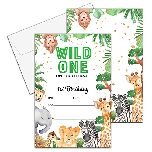 Yqv Birthday Invitations, 4"X6" Wild One 1St Birthday Party Invitations With Envelopes For Jungle Animals Birthday Party Decorations Supplies(20 Pieces)-C04 #TOP8