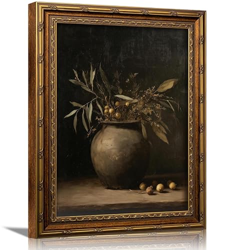 xikafou 3D Textured Canvas Wall Art, Vintage Carved Gold Frame, Rustic Olive Still Life Art for Living Room Bedroom Bathroom Farmhouse Home Decoration