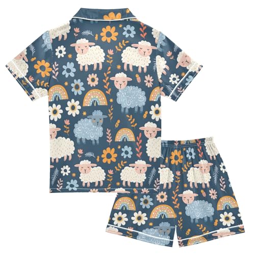 ALAZA Sheep Blossom Rainbow Leaf Satin Pajamas Set Short Sleeve Button Down Sleepwear Summer Pjs 2 Piece2